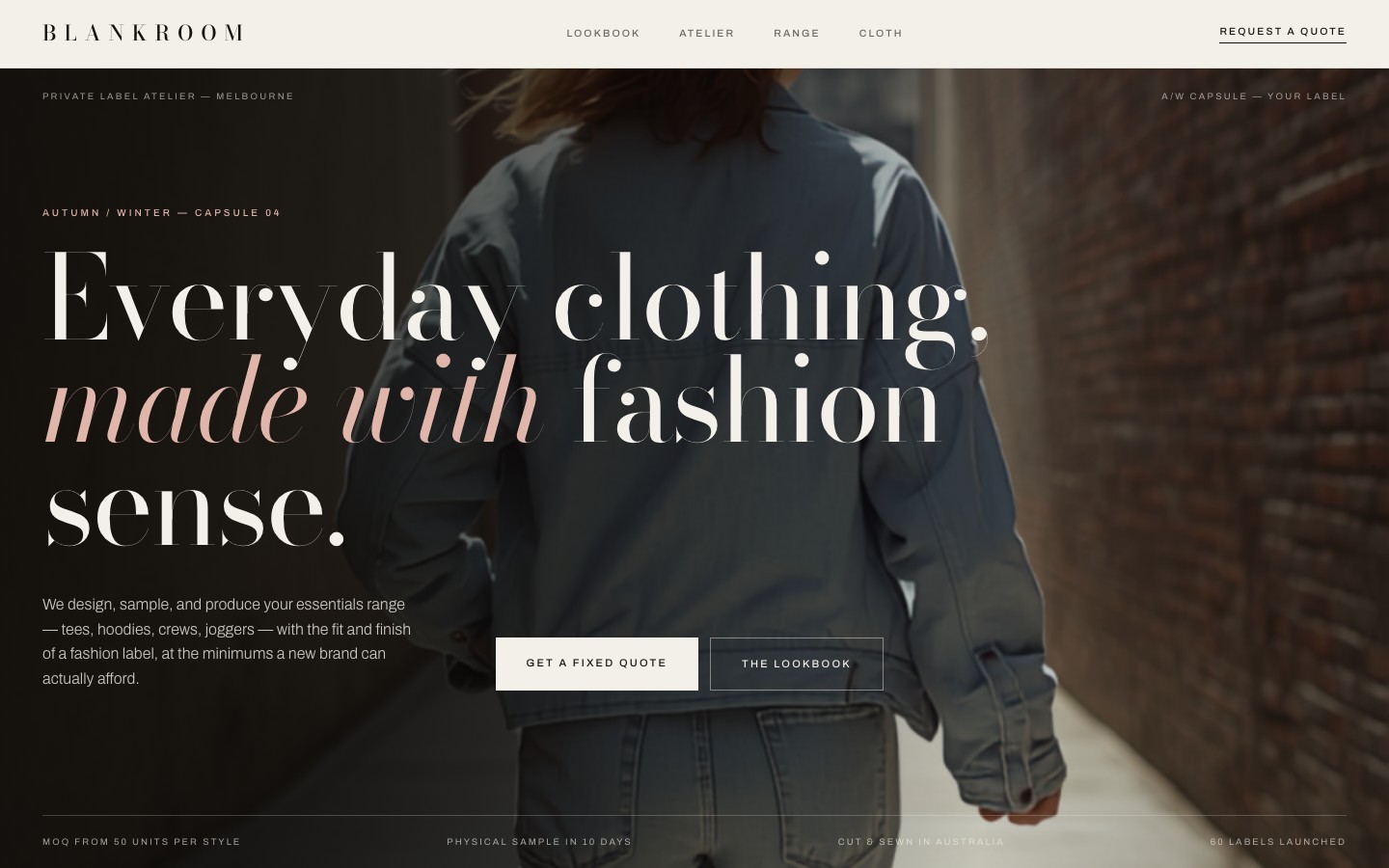 Blankroom Clothing website hero section showing editorial fashion imagery with Bodoni serif typography