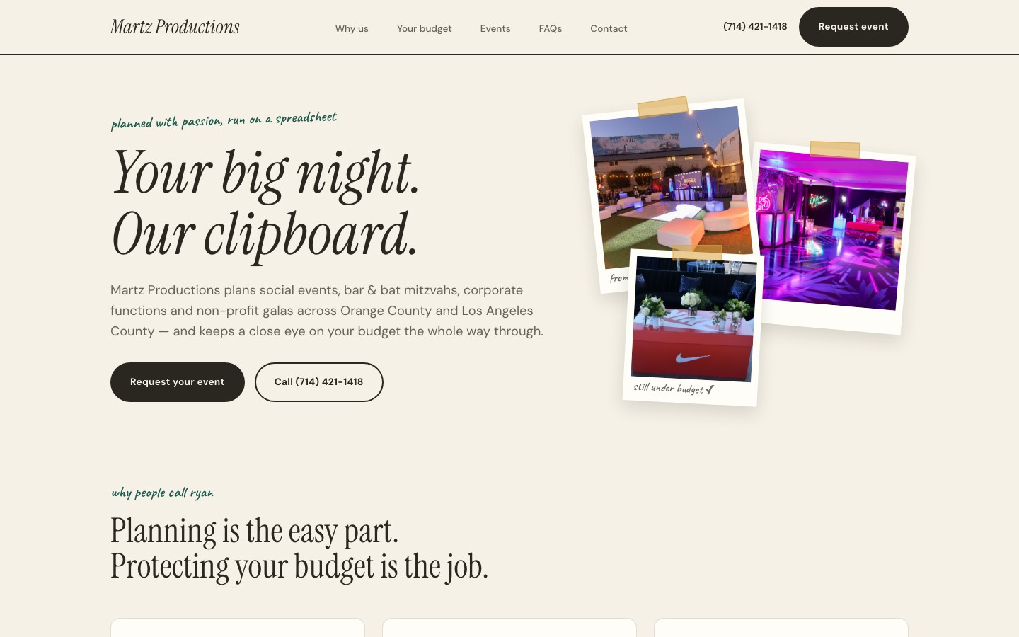 Martz Productions website hero section with bold Syne typography and violet accents